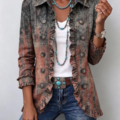 Desert wash vintage gradient ruffle jacket with shirt collar and double button rows
