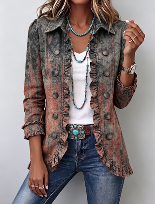 Desert wash vintage gradient ruffle jacket with shirt collar and double button rows