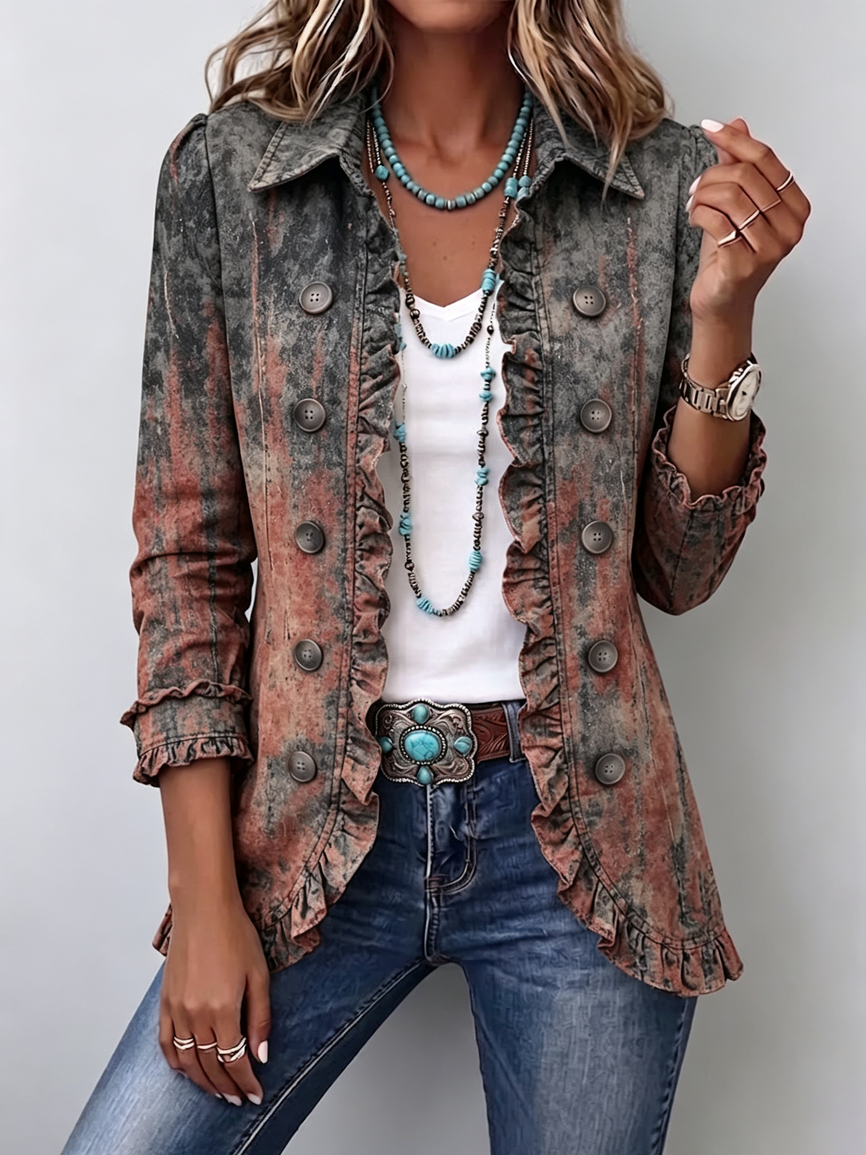 Desert wash vintage gradient ruffle jacket with shirt collar and double button rows