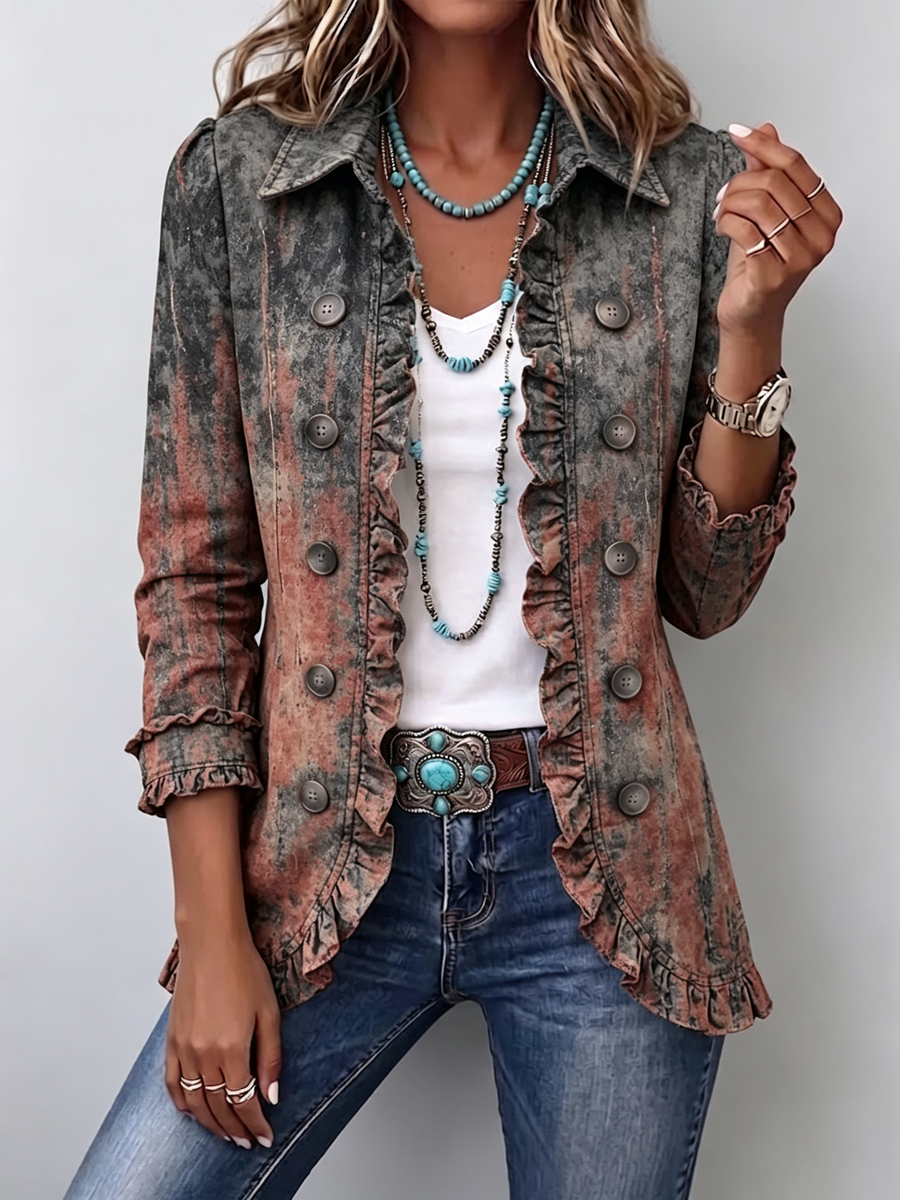 Desert wash vintage gradient ruffle jacket with shirt collar and double button rows
