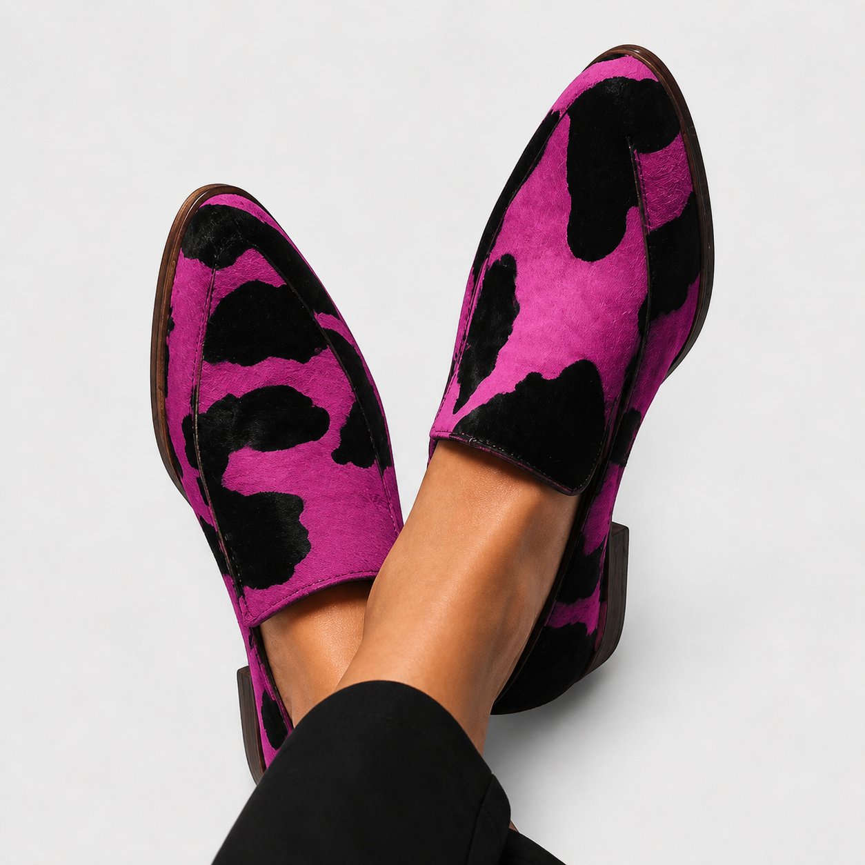 Paloma cow print loafers for women in pink and green colourways