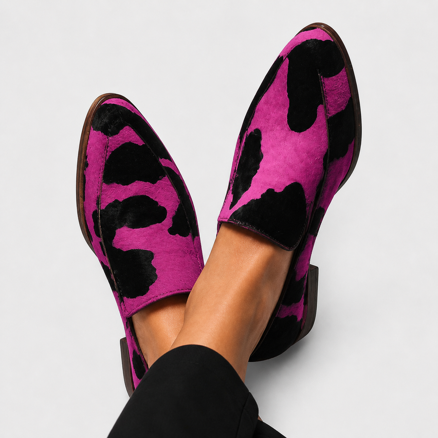 Paloma cow print loafers for women in pink and green colourways