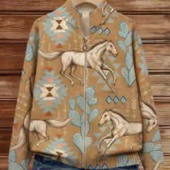 Zip cardigan with cream horses and sage cactus Southwestern print on a warm tan background