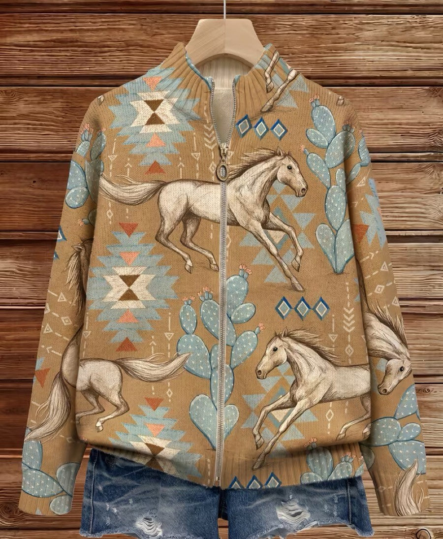 Zip cardigan with cream horses and sage cactus Southwestern print on a warm tan background