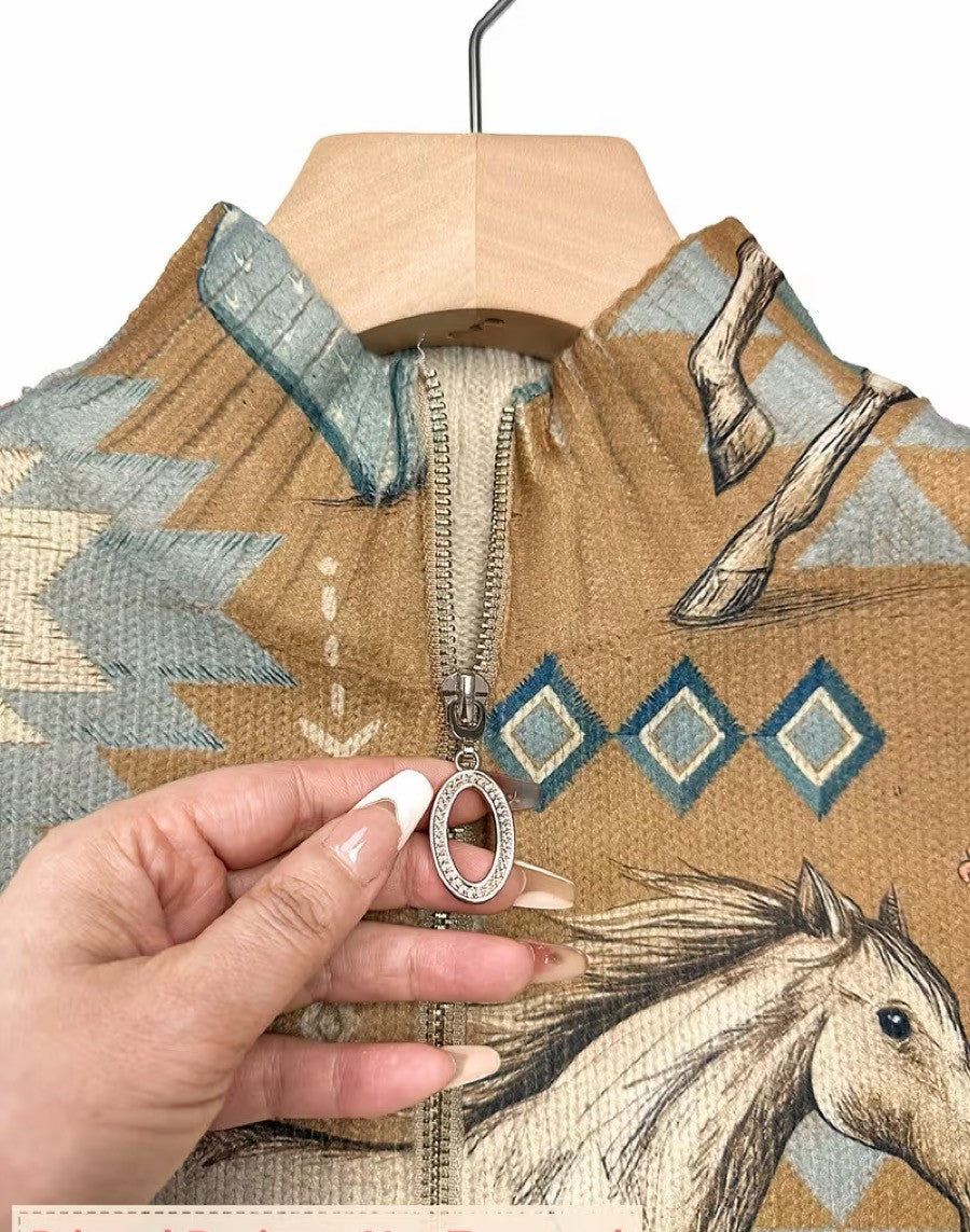Zip cardigan with cream horses and sage cactus Southwestern print on a warm tan background