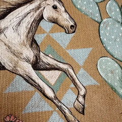 Zip cardigan with cream horses and sage cactus Southwestern print on a warm tan background