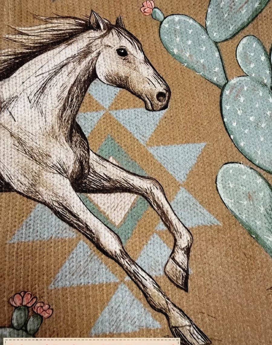 Zip cardigan with cream horses and sage cactus Southwestern print on a warm tan background
