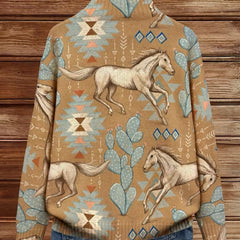 Zip cardigan with cream horses and sage cactus Southwestern print on a warm tan background