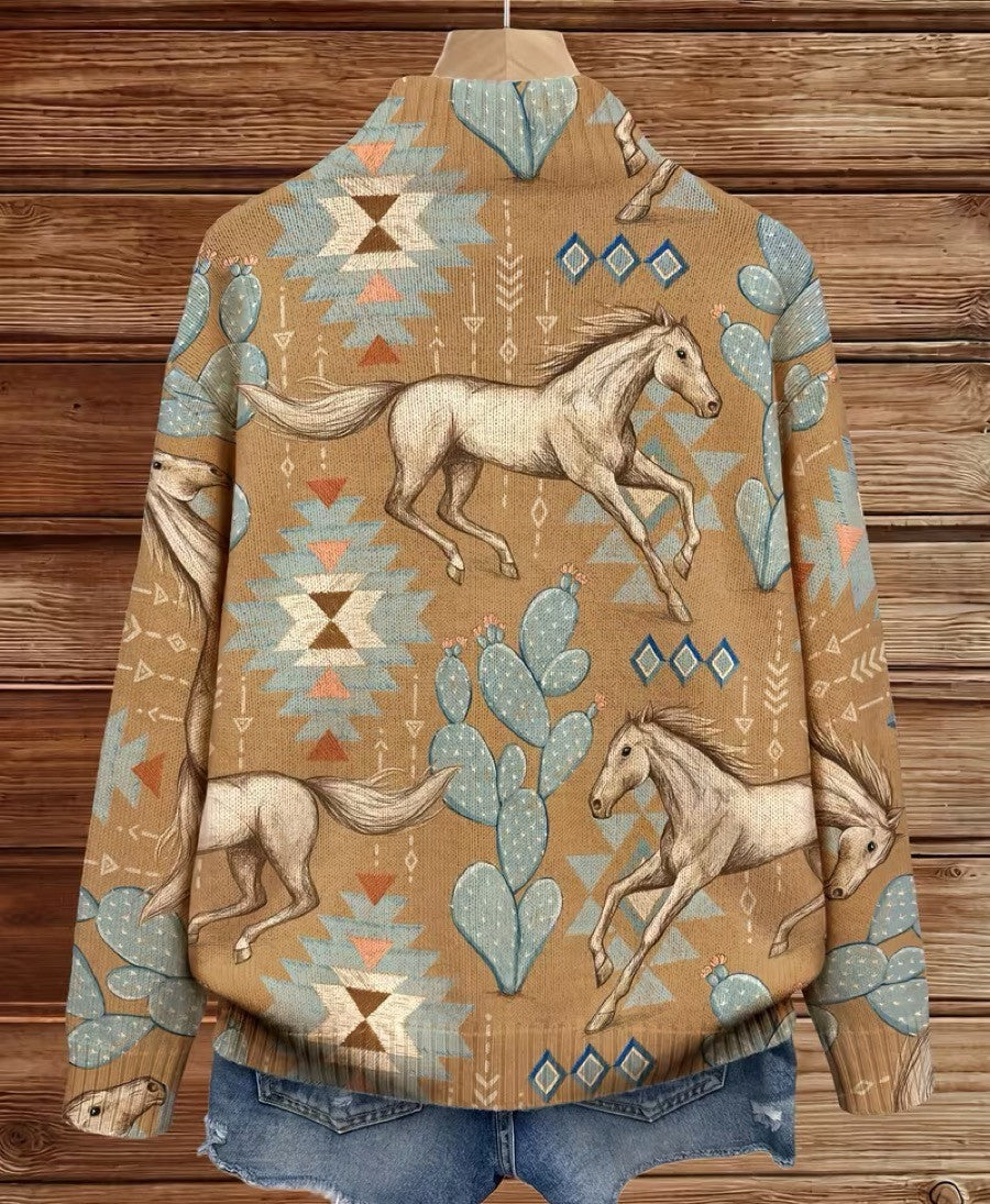 Zip cardigan with cream horses and sage cactus Southwestern print on a warm tan background