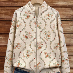 Cream zip-front cardigan with delicate peach, rust and sage floral vine print