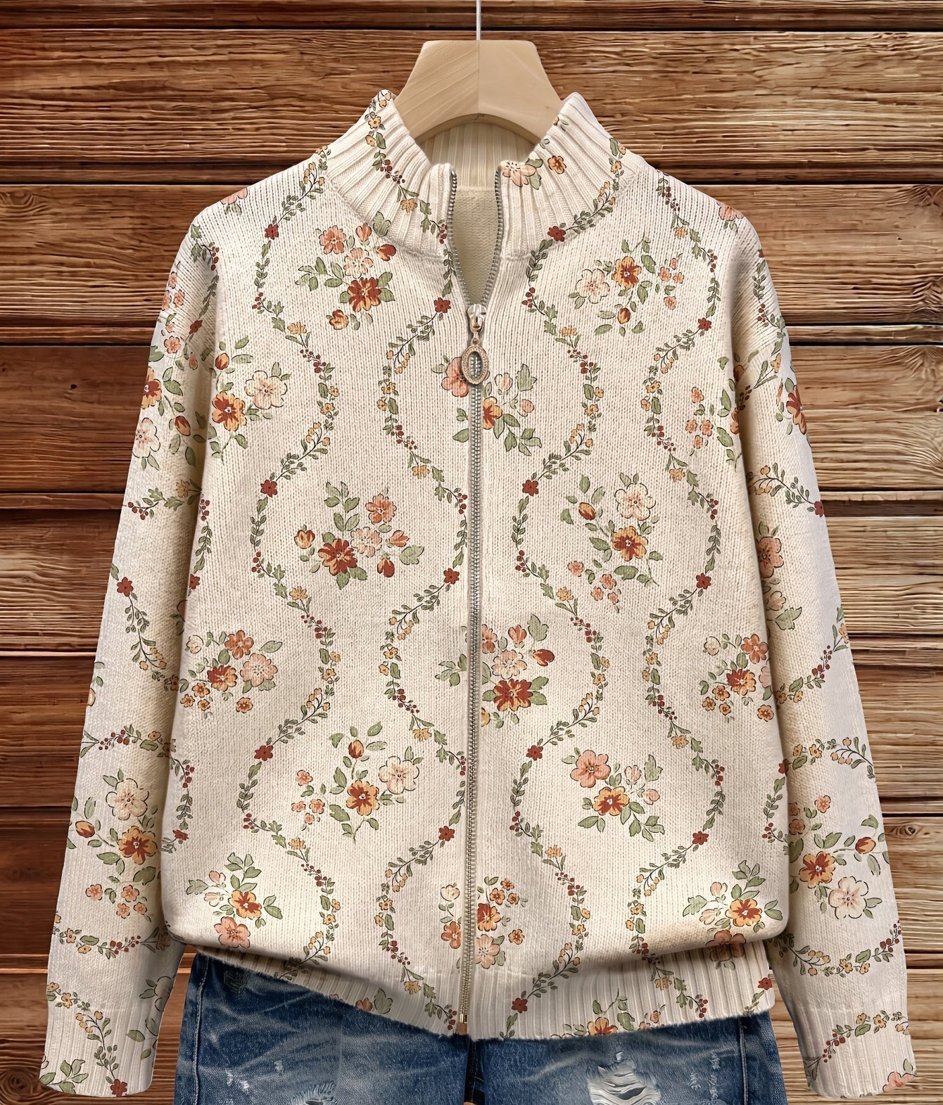 Cream zip-front cardigan with delicate peach, rust and sage floral vine print