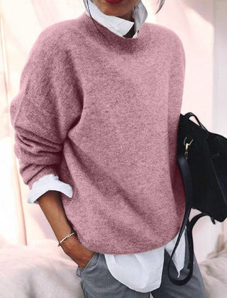 Women's solid single-tone round neck pullover sweater with long sleeves and straight hem