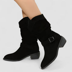Slouch-style Western boots with low block heel, side zip and ankle buckle strap