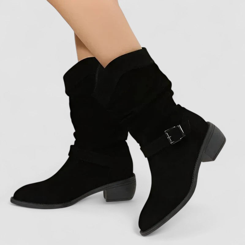 Slouch-style Western boots with low block heel, side zip and ankle buckle strap