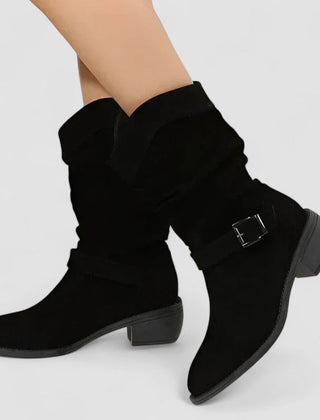 Slouch-style Western boots with low block heel, side zip and ankle buckle strap