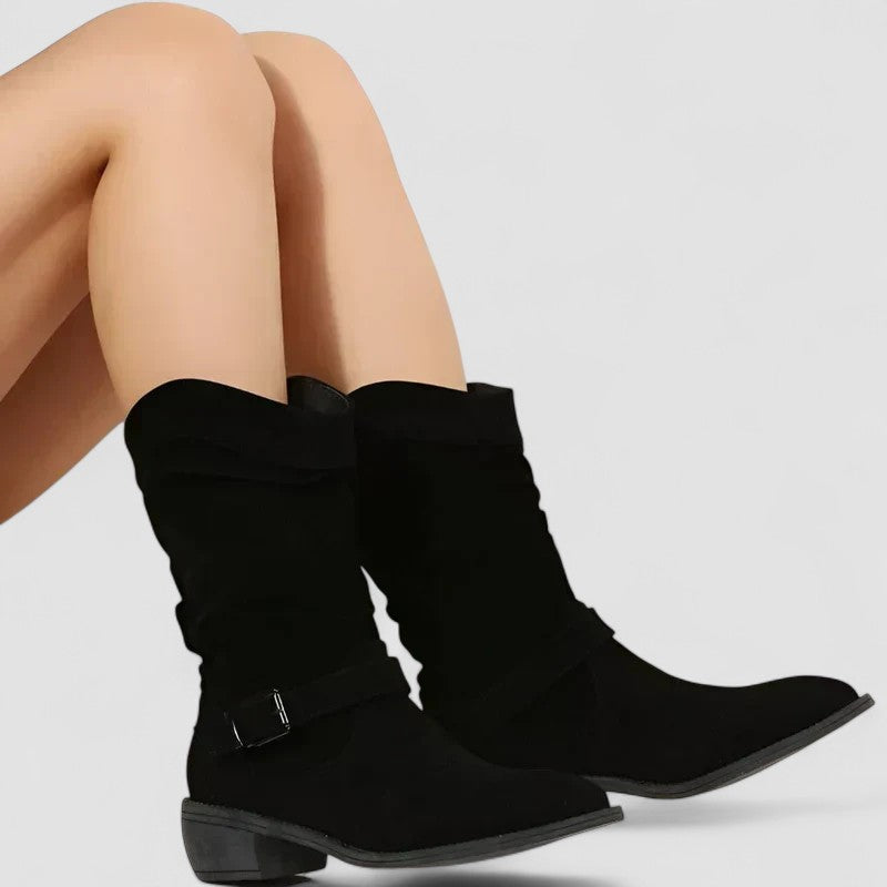 Slouch-style Western boots with low block heel, side zip and ankle buckle strap