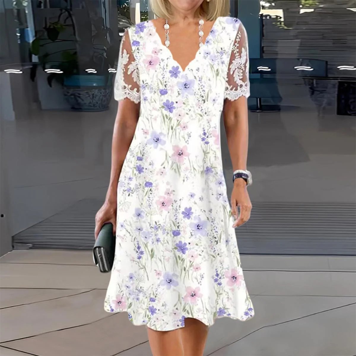 Eleanor | Lace Sleeve Floral Print Midi Dress