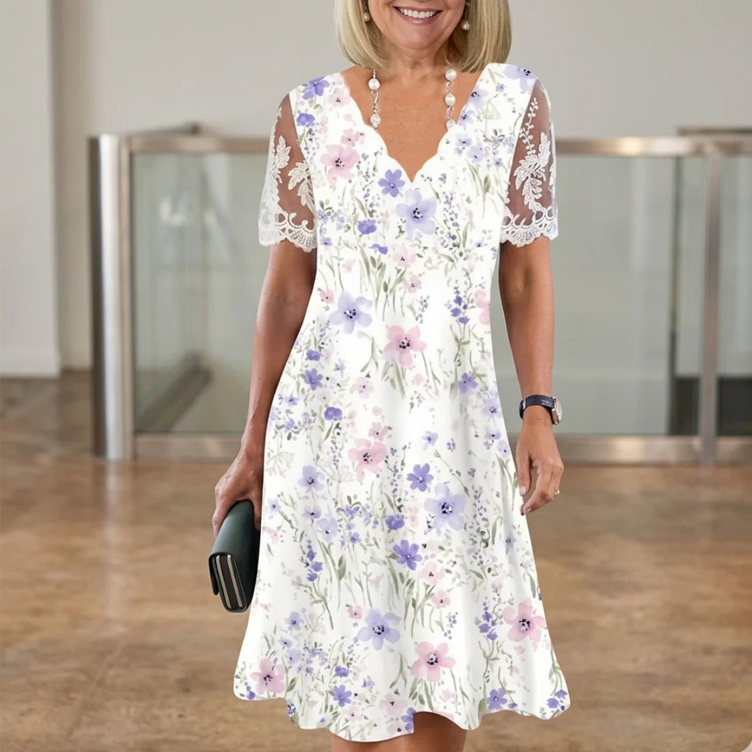 Eleanor | Lace Sleeve Floral Print Midi Dress