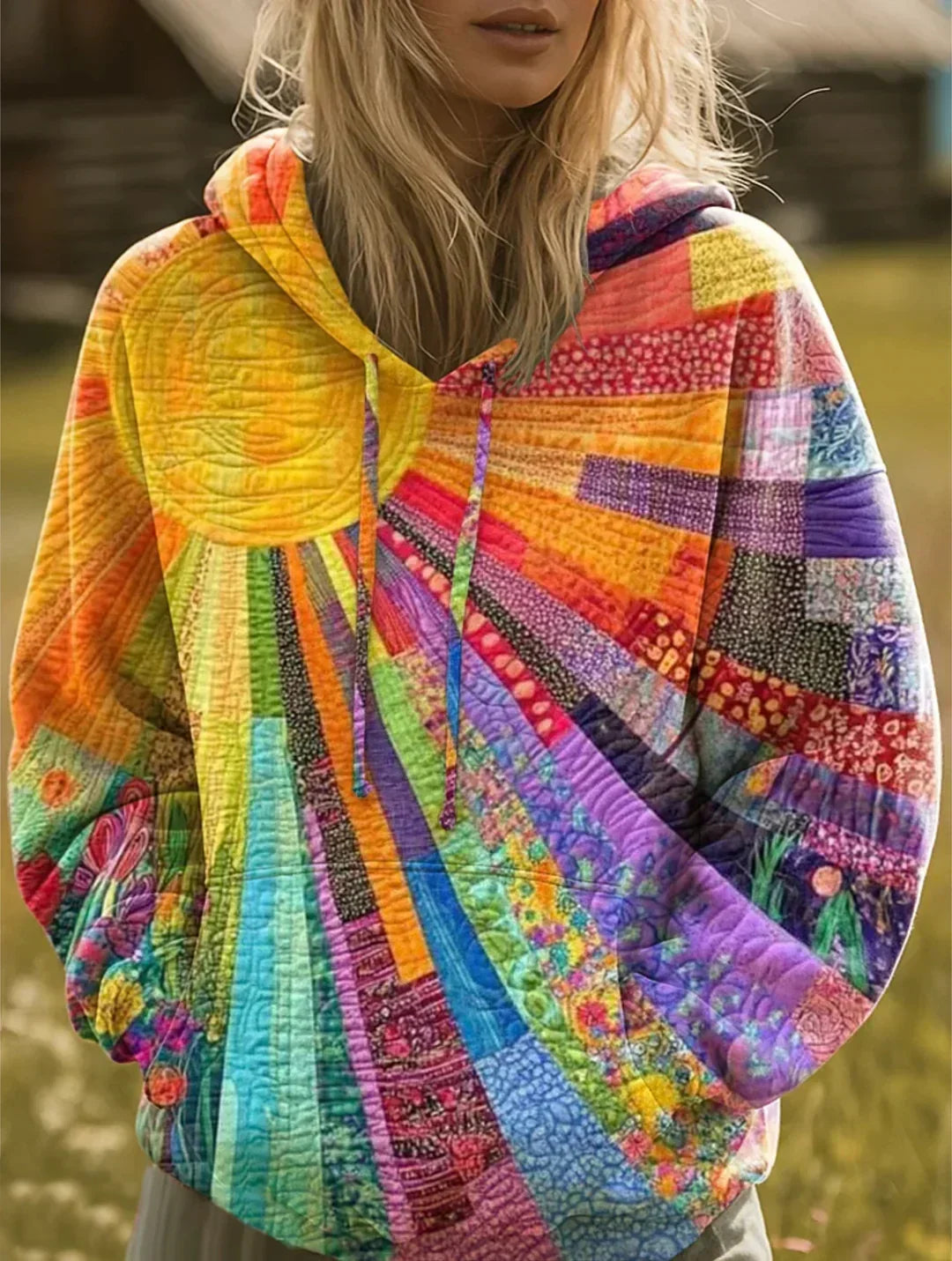 Relaxed bohemian hoodie with colourful sunburst patchwork print and drawstring hood