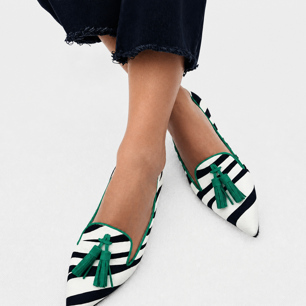 Green loafers with zebra print, slip-on flats for women