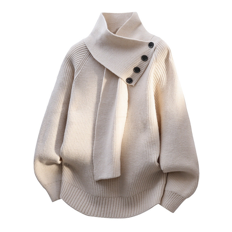 Women's ribbed scarf neck sweater with shoulder button detail and long sleeves