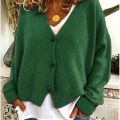 Women's V-neck button-front long sleeve cardigan with a relaxed hip-length fit
