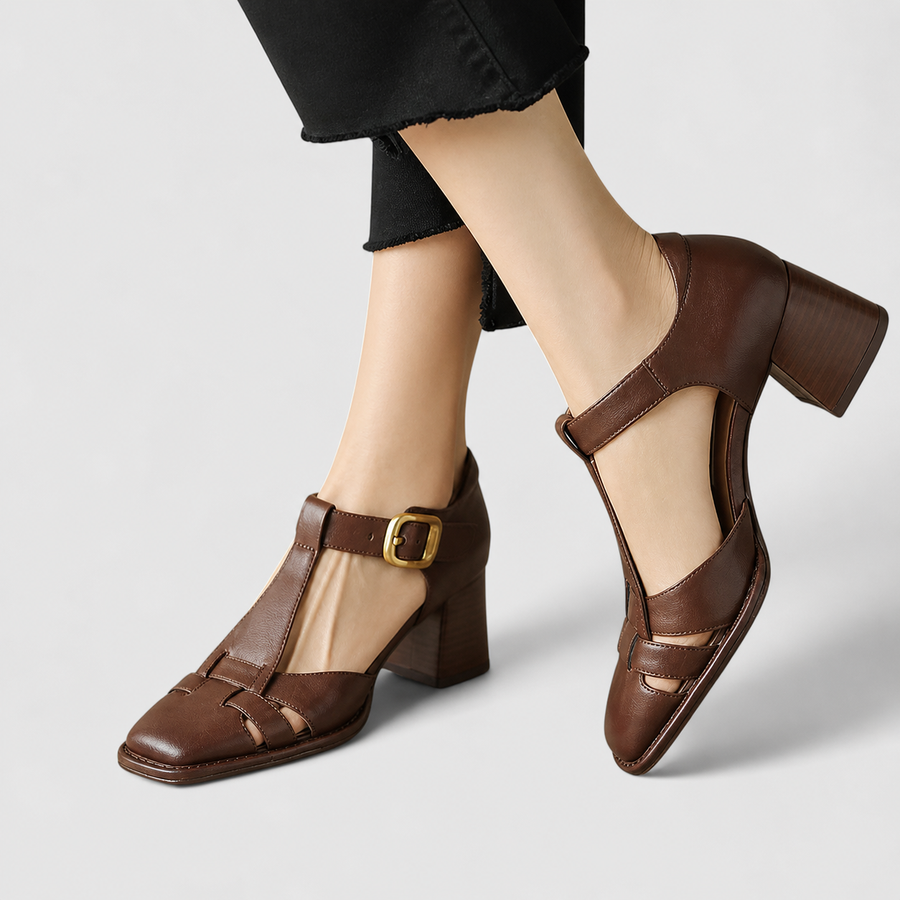 Scarlett T-bar sandals with refined finish in brown and beige