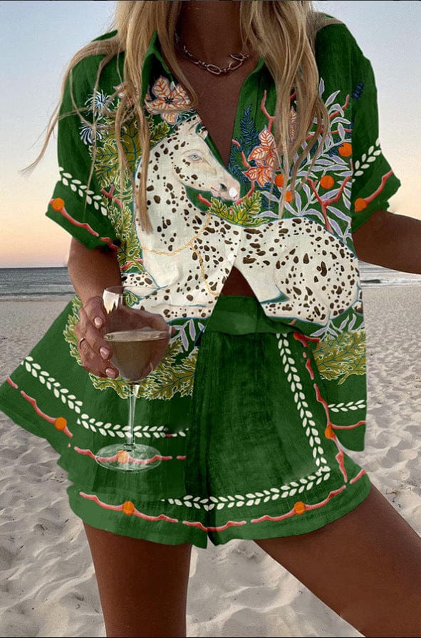 Womens summer coordinated set with equestrian botanical print on deep forest green with laurel border