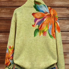 Lime green full-zip knit cardigan with orange, blue and purple tropical floral print
