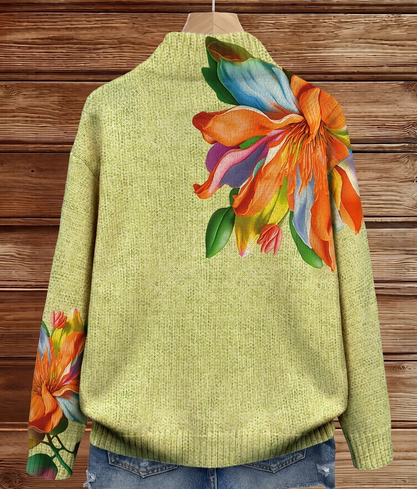 Lime green full-zip knit cardigan with orange, blue and purple tropical floral print