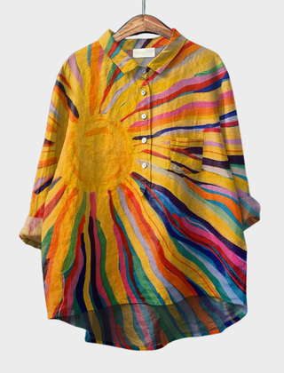 Marielle artful button-front blouse in yellow print with classic collar and relaxed fit