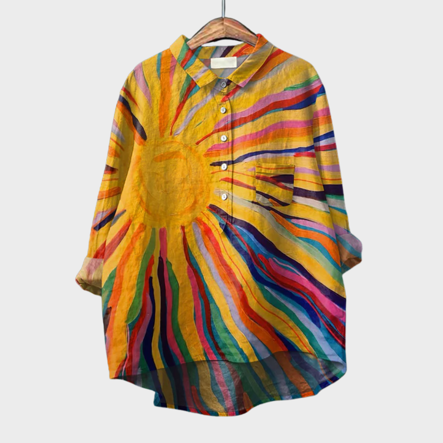 Marielle artful button-front blouse in yellow print with classic collar and relaxed fit