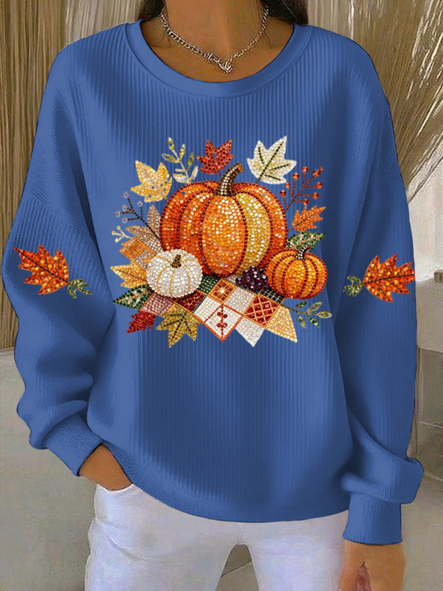 Women's relaxed round-neck sweatshirt with central pumpkin graphic, long sleeves and ribbed cuffs