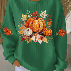 Women's relaxed round-neck sweatshirt with central pumpkin graphic, long sleeves and ribbed cuffs