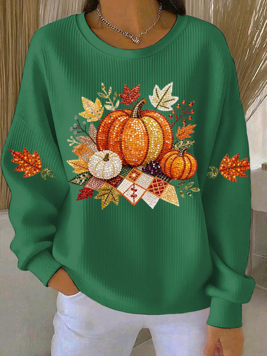 Women's relaxed round-neck sweatshirt with central pumpkin graphic, long sleeves and ribbed cuffs