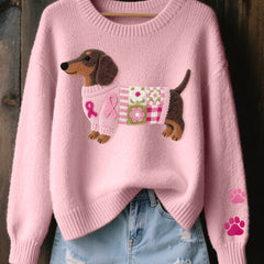 Knitted sweater with wool felt dachshund motif, elastic cuffs and ribbed hem