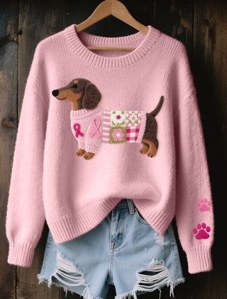 Knitted sweater with wool felt dachshund motif, elastic cuffs and ribbed hem