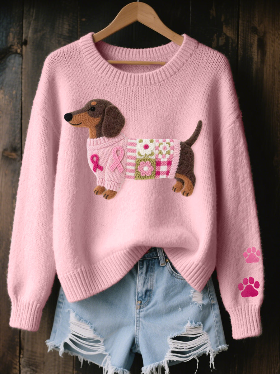 Knitted sweater with wool felt dachshund motif, elastic cuffs and ribbed hem