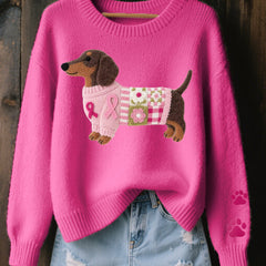 Knitted sweater with wool felt dachshund motif, elastic cuffs and ribbed hem