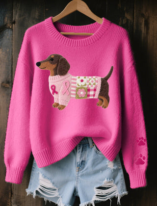 Knitted sweater with wool felt dachshund motif, elastic cuffs and ribbed hem