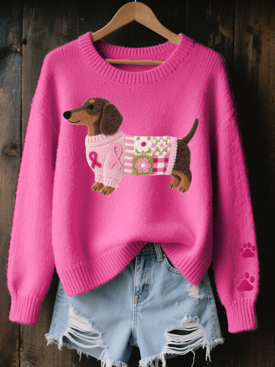 Knitted sweater with wool felt dachshund motif, elastic cuffs and ribbed hem