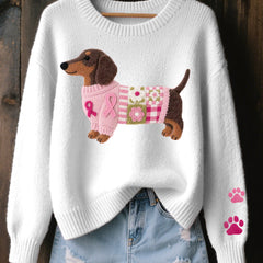 Knitted sweater with wool felt dachshund motif, elastic cuffs and ribbed hem