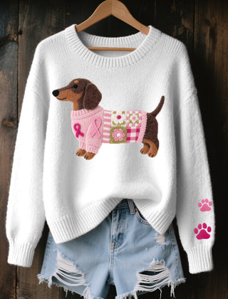 Knitted sweater with wool felt dachshund motif, elastic cuffs and ribbed hem