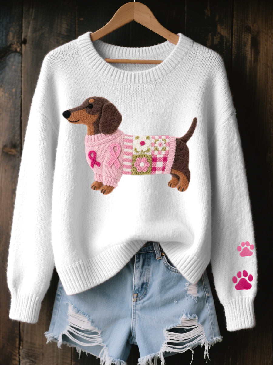 Knitted sweater with wool felt dachshund motif, elastic cuffs and ribbed hem