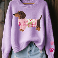 Knitted sweater with wool felt dachshund motif, elastic cuffs and ribbed hem