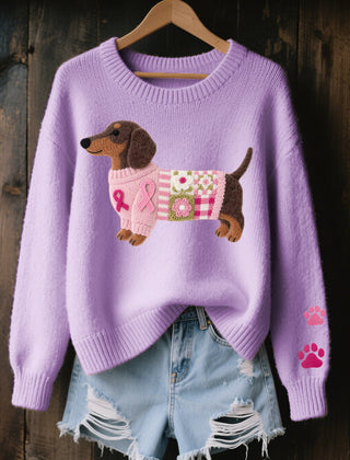 Knitted sweater with wool felt dachshund motif, elastic cuffs and ribbed hem