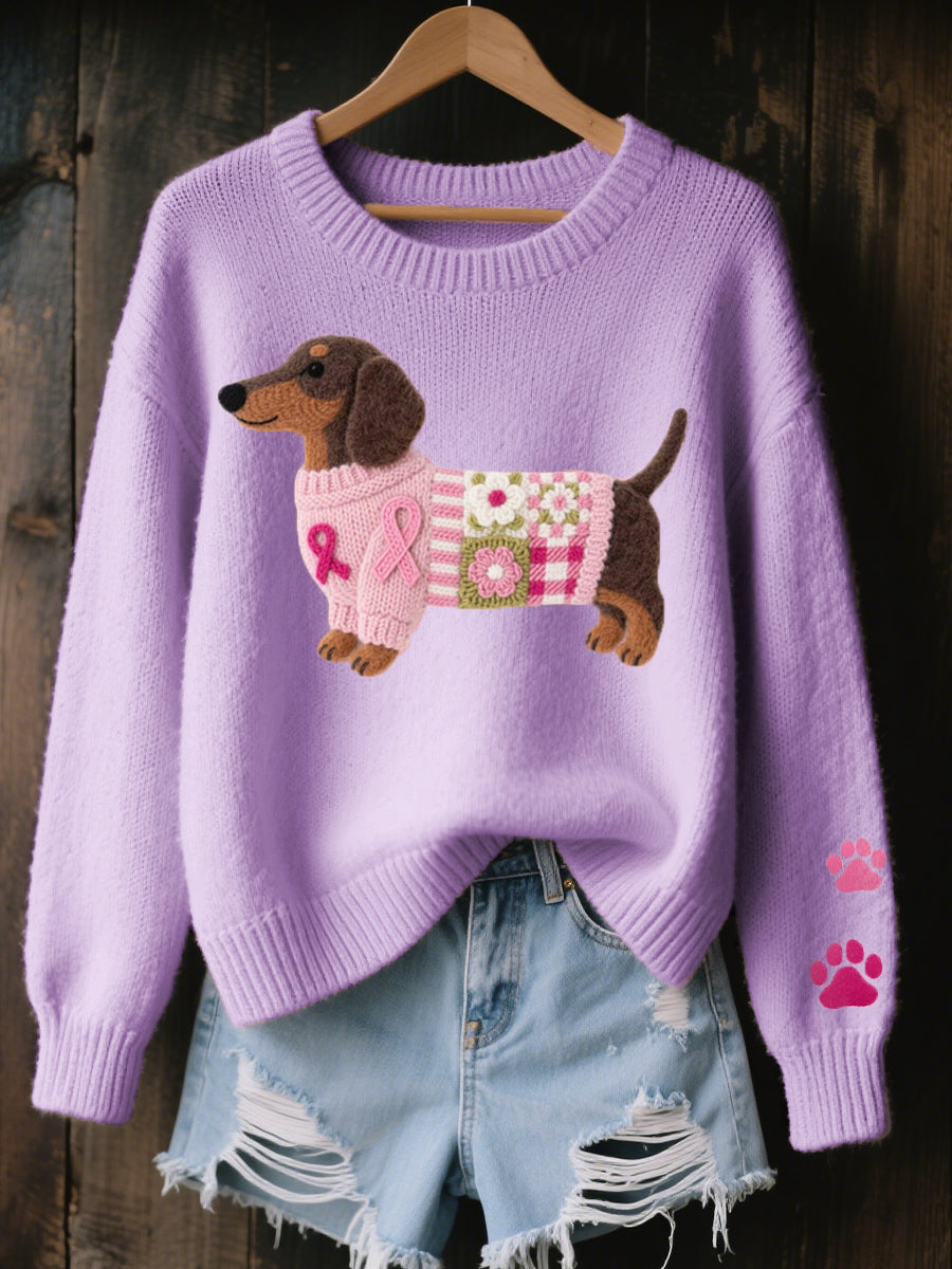 Knitted sweater with wool felt dachshund motif, elastic cuffs and ribbed hem