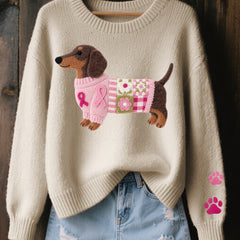 Knitted sweater with wool felt dachshund motif, elastic cuffs and ribbed hem