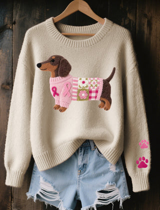 Knitted sweater with wool felt dachshund motif, elastic cuffs and ribbed hem