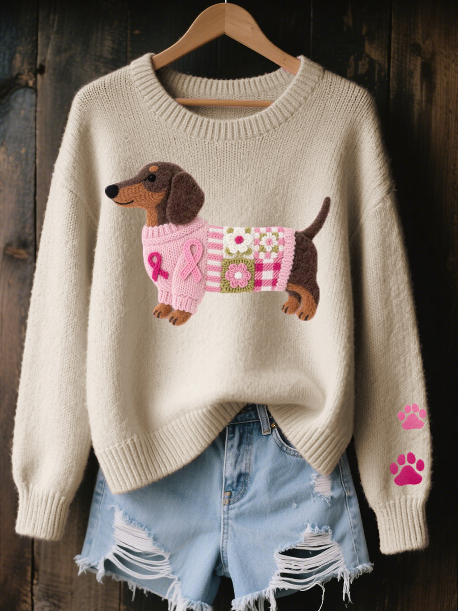 Knitted sweater with wool felt dachshund motif, elastic cuffs and ribbed hem